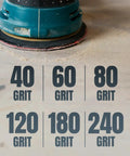 Random orbital sander on wood surface with grit options 40, 60, 80, 120, 180, 240. Includes 80 Grit 12 Inch PSA Self Adhesive Sanding Discs.