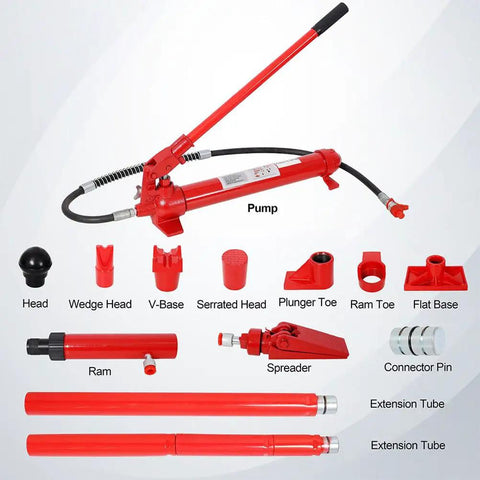 Aynuma One Ton Hydraulic Porta Power Kit, Heavy Duty Ram Jack With Pump and accessories for auto body repair and machinery maintenance.