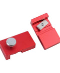 Two Pack Aluminum Guide Rail Limit Stops for Track Saws, Pro Grade, anodized red finish, top view showing adjustment mechanism