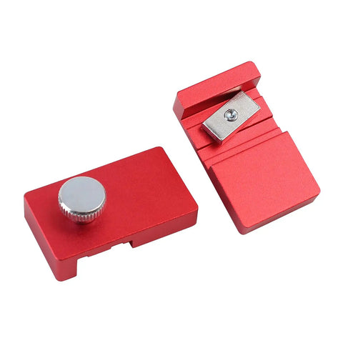 Two Pack Aluminum Guide Rail Limit Stops for Track Saws, Pro Grade, anodized red finish, top view showing adjustment mechanism