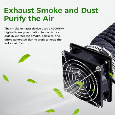 Fume Extraction Kit For 3D Printer Enclosures With 70mm Hose And 4000 RPM High Efficiency Ventilation Fan displayed with leaves filtering smoke.