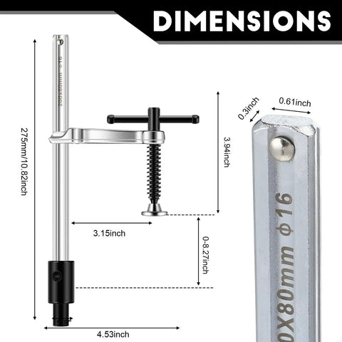 Heavy Duty Pro Grade Welding Fixture Set With T Handle Clamps, 2 Piece Kit For Five Eighth Inch Welding Tables, Includes 12 Retaining Pins Square And Round V Groove, Max Three And One Quarter Inch Opening, Built For Solid Weld Fixturing. Dimensions of clamp and 5/8 in pin