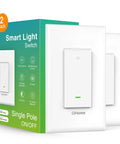 Smart WiFi Light Switch For Single Pole Wiring 2.4GHz Easy Setup Works With Alexa And Google Home Voice Control Neutral Wire Required UL Certified 120V 15A Max Not For 3 Way Lighting Includes 2 Pack shown with packaging.