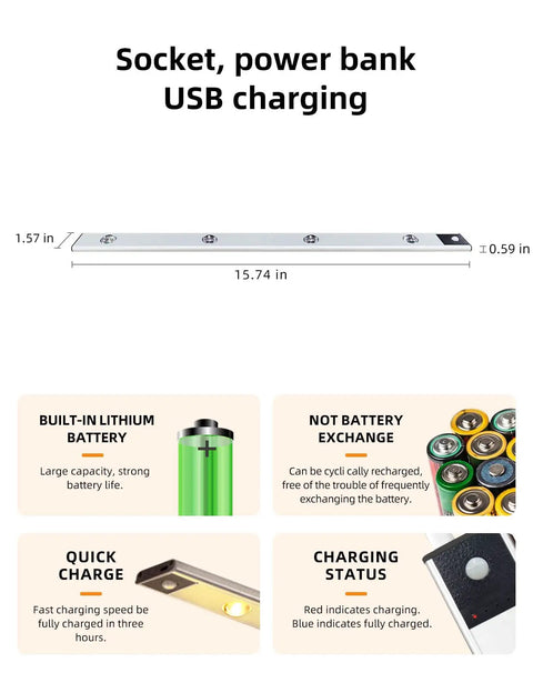 Diagram of Led Under Cabinet Lights With Motion Sensor And USB Rechargeable Battery Easy Install showing size and charging features.