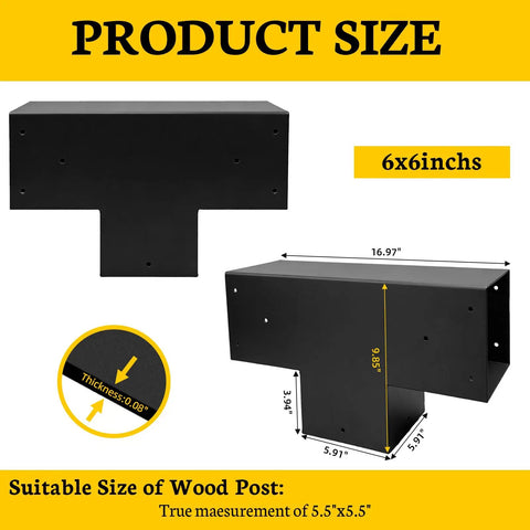 Image showing dimensions of Beefy Pergola Bracket Kit 2 Pack 3 Way T Shaped Wood Brackets For Six By Six Lumber with measurements and thickness.