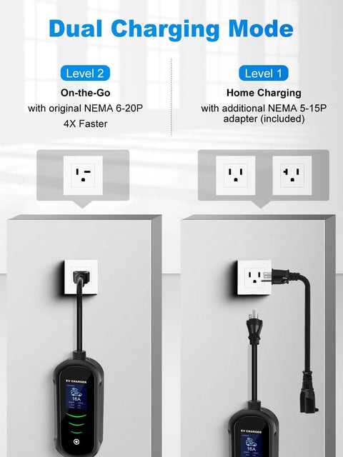 Dual charging modes for Portable Level 1 And 2 EV Charger With 25 Ft J1772 Cable And Dual NEMA Adapters For Home Electric Vehicles Featuring Smart LCD Display