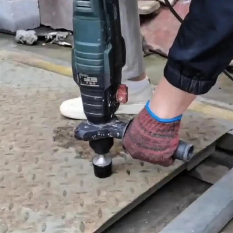 Using vibrating hammer tool for auto body sheet metal bending and repair, panel beating and tile lamination, shop-grade tool in use