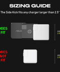 Sizing guide showing chargers over and under 2.5 inches for The Side Kick Collapsible Charger Organizer And Travel Accessory For USB C Cords And MacBook And PC Chargers Cable Management White Keeps Cables Tidy On The Go.