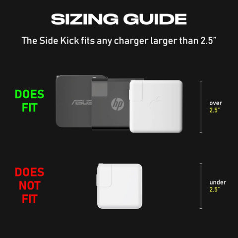 Sizing guide showing chargers over and under 2.5 inches for The Side Kick Collapsible Charger Organizer And Travel Accessory For USB C Cords And MacBook And PC Chargers Cable Management White Keeps Cables Tidy On The Go.
