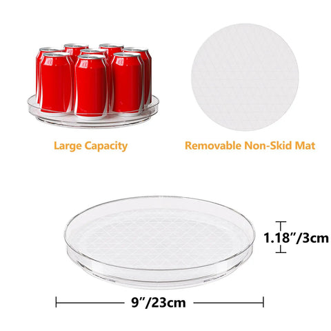 Nine Inch Clear Lazy Susan Set Of Two Round Rotating Turntable Organizers With Non Slip Base For Pantry Cabinet And Fridge Shelf, showing large capacity with cans