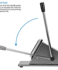 Side view of the 3 Inch Button Paper Cutter And Badge Die Cutter with handle and limit post for DIY stamps, shown on metal base.