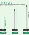Adjustable stainless steel handle of Heavy Duty Lawn Leveling Rake with 17 inch wide head and 10 inch depth, shown in 3, 4, 5 pole configurations.