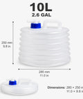10L collapsible water container with spigot for camping and road trips, shown folded and expanded, lightweight plastic dispenser
