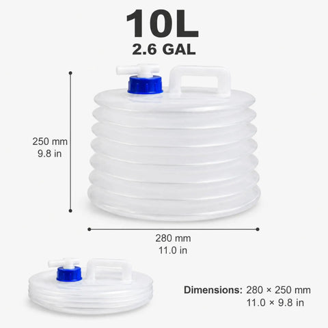 10L collapsible water container with spigot for camping and road trips, shown folded and expanded, lightweight plastic dispenser