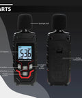 Pro Grade Digital Sound Level Meter With Backlit Display 30 To 130 dB Range 0.1 dB Resolution Plus Minus 1.5 dB Accuracy A Weighting 31.5 Hz To 8 kHz Response Fast Slow Max Min Hold Portable Noise Meter For Home Theater Office Studio, front and back view