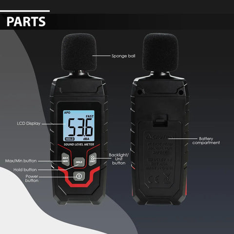 Pro Grade Digital Sound Level Meter With Backlit Display 30 To 130 dB Range 0.1 dB Resolution Plus Minus 1.5 dB Accuracy A Weighting 31.5 Hz To 8 kHz Response Fast Slow Max Min Hold Portable Noise Meter For Home Theater Office Studio, front and back view