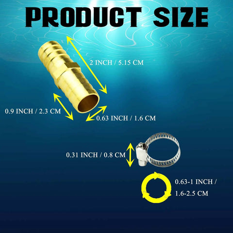 Image showing dimensions of brass connector and stainless clamp from Four Pack Garden Hose Repair Kit With Stainless Clamp For Three Quarter Inch To Five Eighths Inch Hoses Brass Connectors And Durable Brass Fittings For A Quick No Fuss Leak Free Fix.