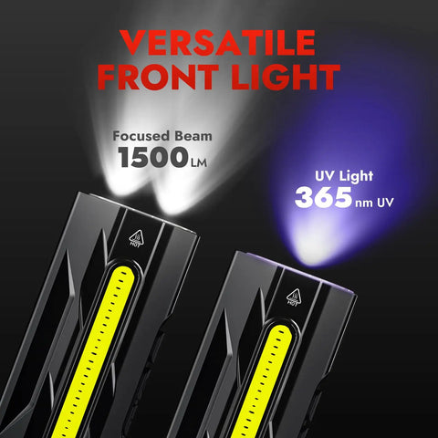 Rechargeable 1500 Lumen Pocket Flashlight With Magnetic Base and Clip featuring focused 1500 lm beam and 365 nm UV light