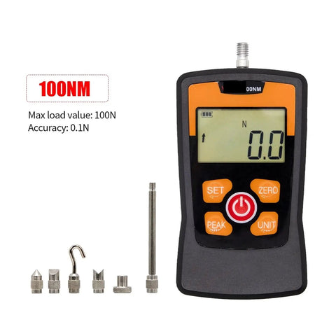 Force Gauge Tension Tester With 100N And 500N Capacity A Must Have Tool For Compression And Tension Four Units Newton Kilogram Pound Ounce Adjustable Acceleration For Precise Testing, 100N digital handheld display with test tips