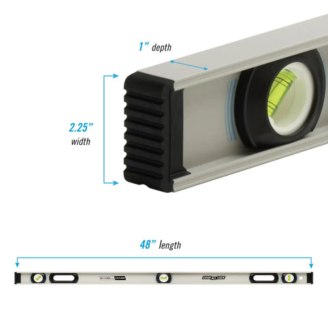Dead On Accuracy 48 Inch Aluminum I Beam Level With 3 High Contrast Vials And Bulletproof End Caps Crafted For Hardworking Crews Features Ergonomic Grip Handles And Crystal Clear Top Windows Making Layout Tasks Run Super Smooth