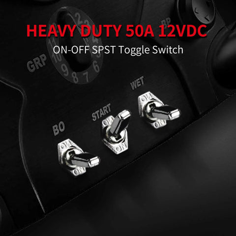 Beefy Heavy Duty 50 Amp 12V Rocker Toggle Switch SPST Two Pin Metal Chrome Plated Terminal For Automotive Electrical Use On Off Switch Durable Chrome Plated Housing Pack Of 2 on black panel