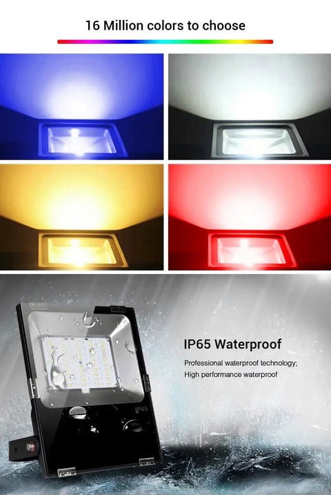 Outdoor Waterproof Landscape Lighting LED Flood Light 50W RGB CCT Color Changing 2700K To 6500K with color options and waterproof design.