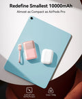 Ultra Mini 10000mAh USB C Power Bank With 45W Fast Charge next to AirPods Pro on a table