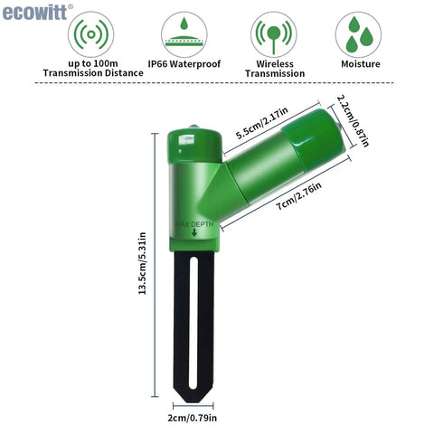 Wh51 Compatible Wireless Soil Moisture Sensor Accessory For Smart Garden Setup, shown with dimensions and features