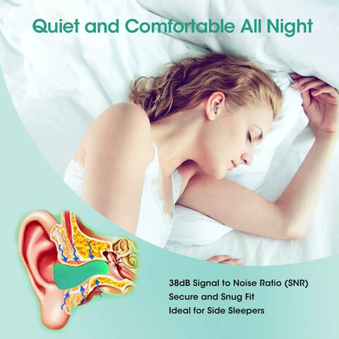 Woman sleeping with Soft Sleep Ear Plugs With Aluminum Case 120 Count High Noise Cancelling Earplugs for Snoring Studying