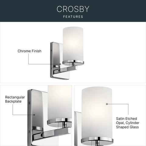 Crosby 9.25 Inch Chrome Wall Sconce With Satin Etched Cased Opal Glass 1 Light Modern Vanity Light For Hallway Or Bathroom Ambient Illumination And Easy Install No Fuss Mounting In Minutes