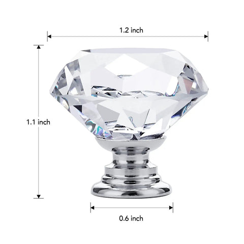 Crystal Glass Drawer Knobs 25 Pack Diamond Shaped 30mm with Silver Base for Cabinets and Furniture, side view dimensions