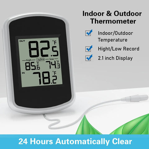 Wired Indoor Outdoor Thermometer With 2.1 Inch Display, 78.74 Inch Waterproof Probe, Fahrenheit Only, Real Time Indoor Outdoor Temp Monitor, Min Max Records, Easy Setup For Home Porch Or Garage, black digital unit with probe