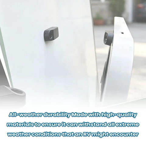 Heavy Duty Magnetic Door Catch And Holder Kit For RVs And Campers shown on a door with all weather durable door magnets visible.