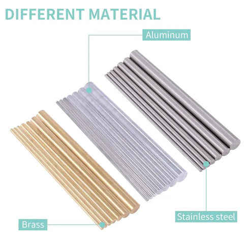 DIY Metal Rod Set 21 Pcs Brass, Stainless Steel, Aluminum Lathe Bar Stock, Round Rods 2mm to 8mm Diameters, different materials displayed