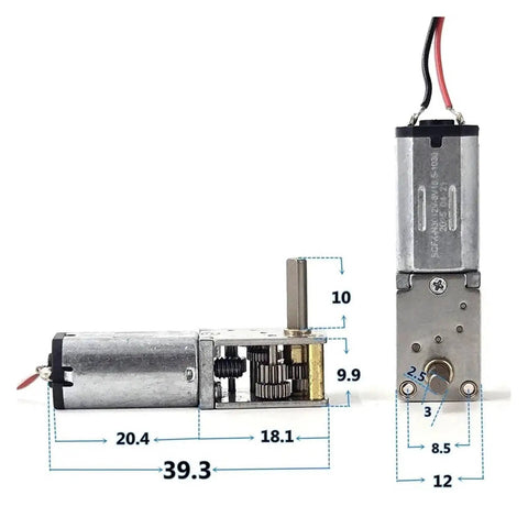 Mini N30 Full Metal Gearbox Gear Motor With Right Angle D Shaft DC 3V To 6V 10 RPM Slow Speed High Torque Reduction Motor shown in side view.