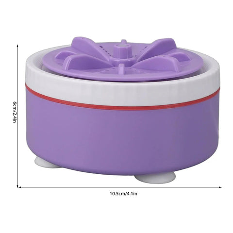 Portable Mini Washing Machine USB Powered Compact Clothes Washer Adjustable Timer For Delicates Underwear Produce And Dishes Purple with measurements.