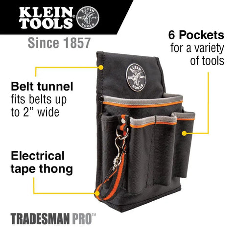 Tradesman Pro Tool Pouch With Tape Thong And Heavy Duty Reinforced Bottoms, Six Pocket Electrician Bag for Tools, side view.