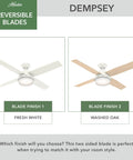 52 Inch Indoor Ceiling Fan With Remote Control No Light, Low Profile Flush Mount 4 Blades In Fresh White and Washed Oak