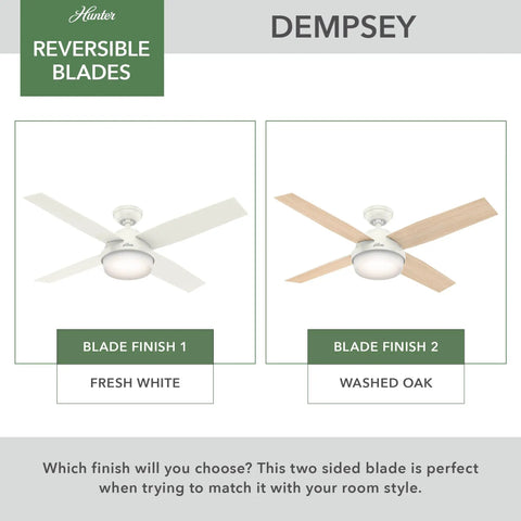 52 Inch Indoor Ceiling Fan With Remote Control No Light, Low Profile Flush Mount 4 Blades In Fresh White and Washed Oak