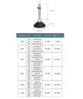 Adjustable Lathe Leg Set With Threaded Leveling Feet Swivel Base, chart detailing dimensions and specifications