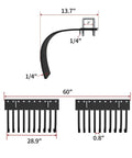 Workhorse Heavy Duty ATV UTV Landscape Rake Tool dimensions illustration showing adjustable width and 1-point lift compatibility