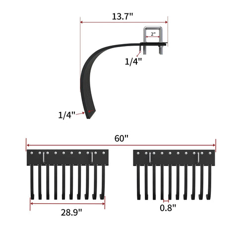 Workhorse Heavy Duty ATV UTV Landscape Rake Tool dimensions illustration showing adjustable width and 1-point lift compatibility
