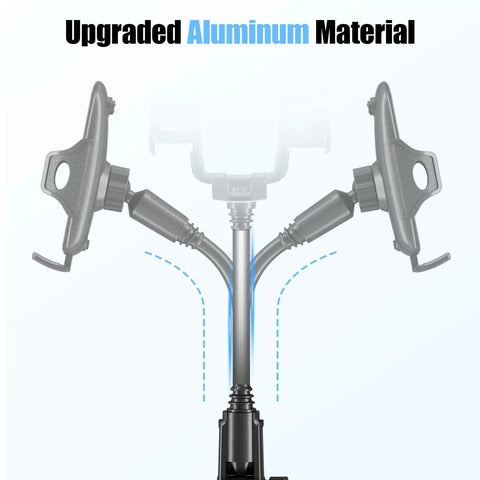 Cup Phone Holder For Car With 360 Degree Gooseneck, showing dual arms and base, stable ABS carbon design, upgraded aluminum material.
