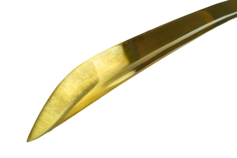 Close-up of Hand Forged 1045 High Carbon Steel Samurai Katana With Gold Plated Blade tip for display and martial arts