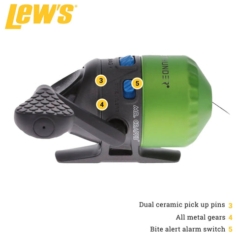 Side view of Crappie Thunder Spincast Fishing Reel With All Metal Gears And Ball Bearing Drive Built Tough Stainless Steel Nose Cone 4.3 To 1 Gear Ratio Right Or Left Hand Retrieve Green Ready To Fish