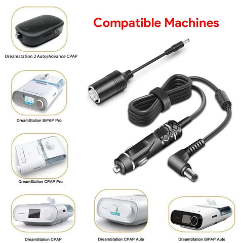 12V DC Power Cord Cable For DreamStation 2 Auto CPAP BiPAP Machines With Cigarette Lighter Car Plug Adapter displayed with compatible CPAP devices
