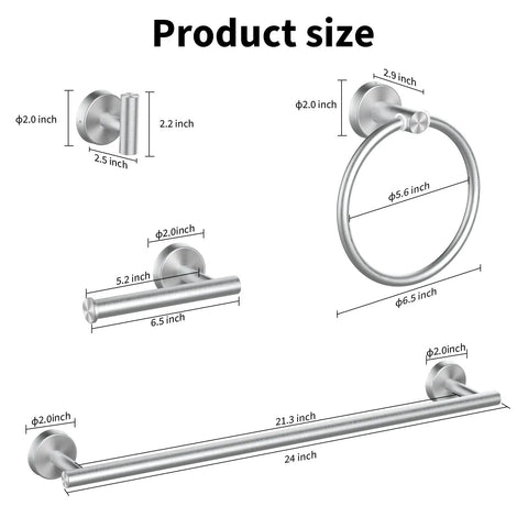 Dimensions of 10 Piece Brushed Nickel Bathroom Hardware Set With 24 Inch Towel Bar, Towel Ring, Toilet Paper Holder And Robe Hook SUS304 Stainless Steel Easy Install Modern Finish Durable Bath Accessories Kit For A Fresh Bathroom Upgrade shown with labeled sizes.