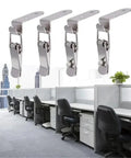 Office environment with several 90 Degree Duck Mouth Buckle Lock With Silver Metal Spring Hasp Latch above workstations.