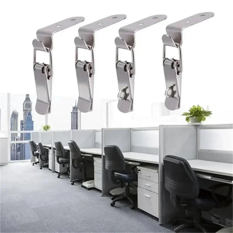 Office environment with several 90 Degree Duck Mouth Buckle Lock With Silver Metal Spring Hasp Latch above workstations.