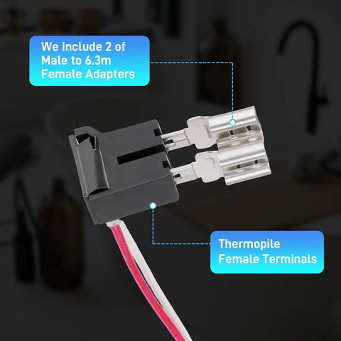 Close-up of SP21058 water heater pilot assembly with thermopile female terminals and two 6.3 mm adapters.